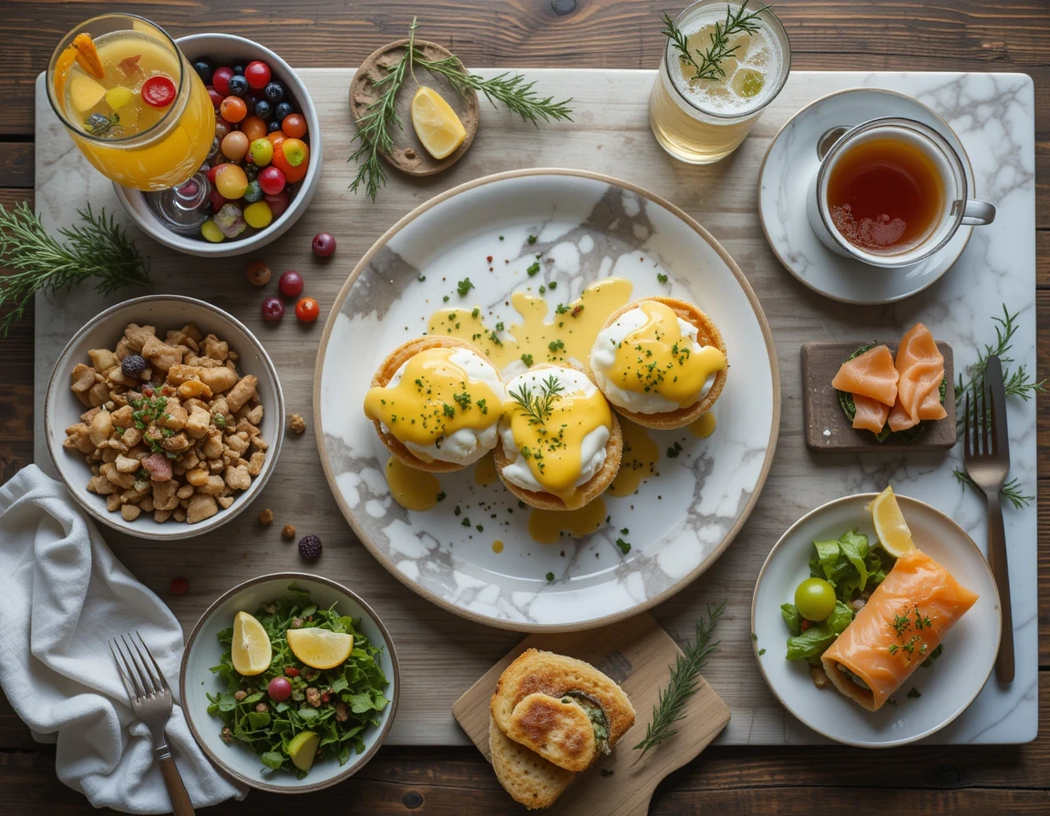 Brunch spread with Cloud Eggs Benedict served with fresh fruit, hash browns, avocado, smoked salmon, and mimosas - perfect pairing ideas.