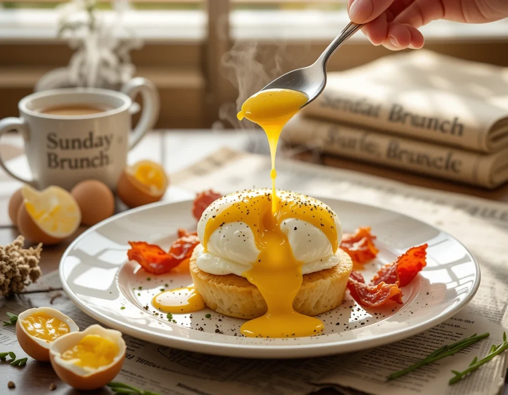 Perfect Cloud Eggs Benedict finale - fluffy baked eggs with running yolk, crispy bacon and hollandaise on muffin, ready to eat with coffee.