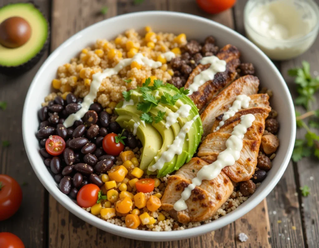 High-protein lunch bowl with grilled chicken, quinoa, black beans, avocado and fresh vegetables - quick healthy meal prep idea