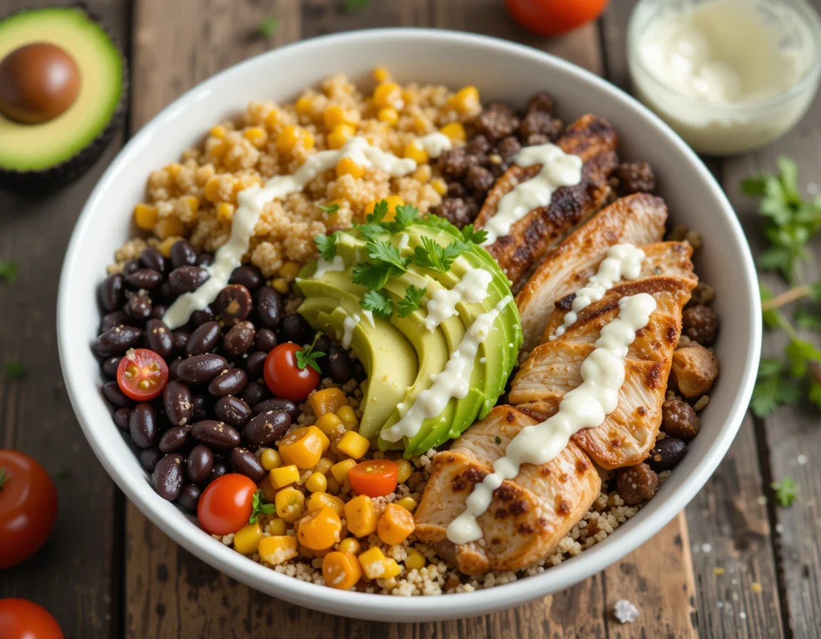 High-protein lunch bowl with grilled chicken, quinoa, black beans, avocado and fresh vegetables - quick healthy meal prep idea