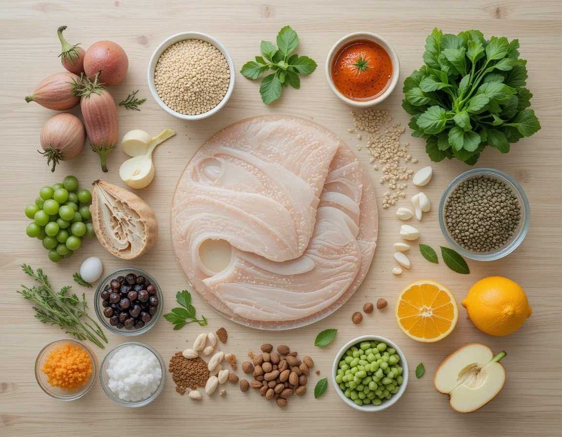 Fresh whole food ingredients for preparing high-protein lunch bowls arranged on wooden surface