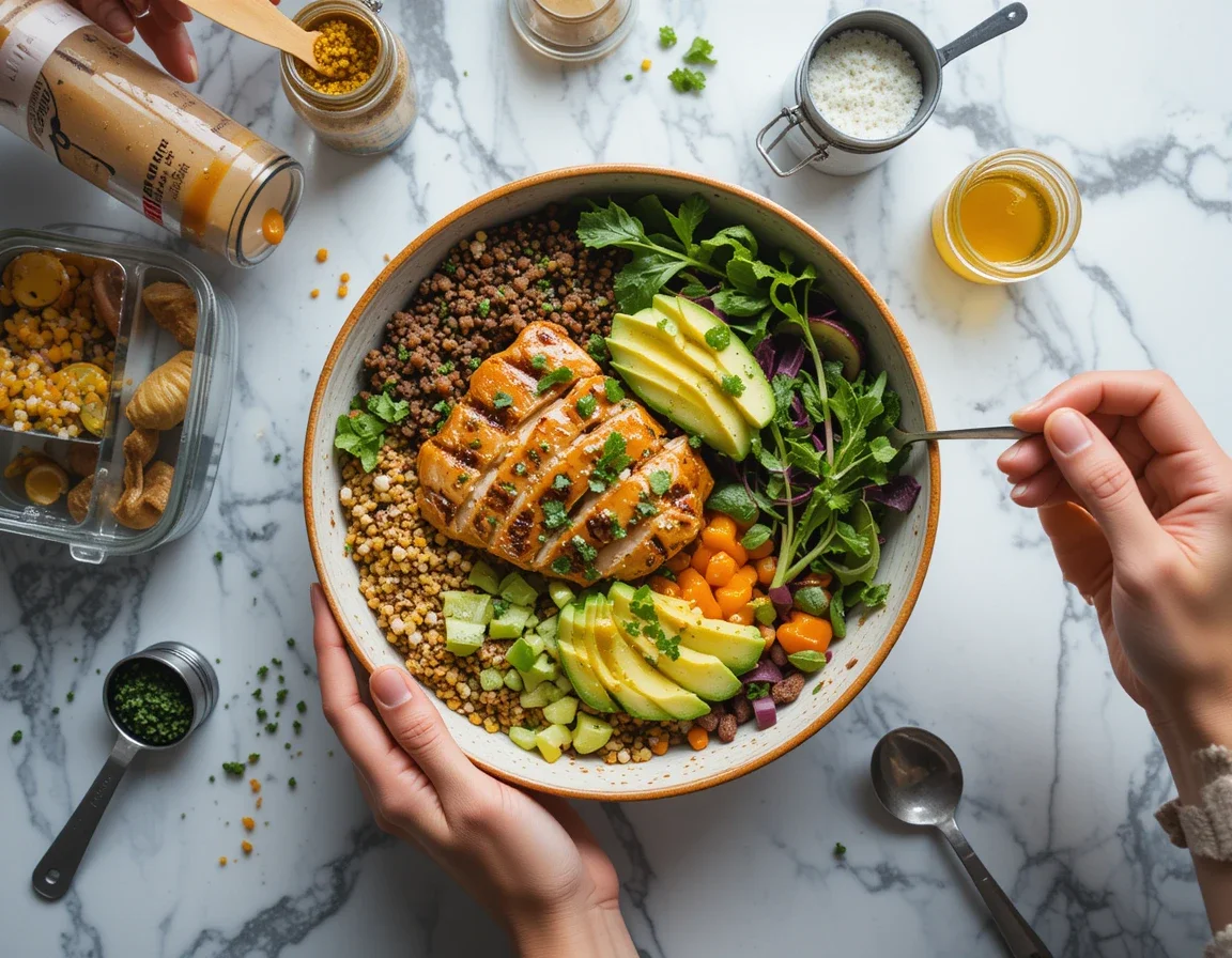 Top tips for perfect high-protein lunch bowls - meal prep, fresh ingredients, dressing techniques and portion control shown visually