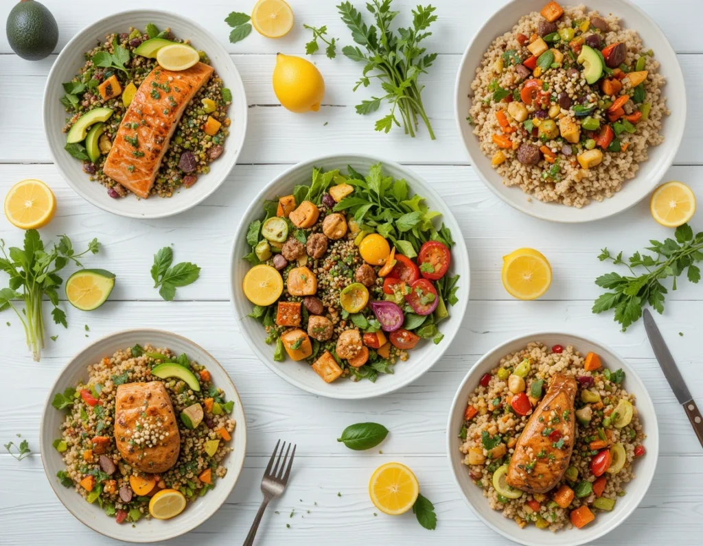 Balanced meals including grilled salmon, quinoa bowls, and chicken stir-fry for healthy eating.