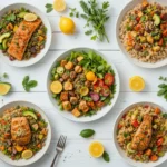 Balanced meals including grilled salmon, quinoa bowls, and chicken stir-fry for healthy eating.