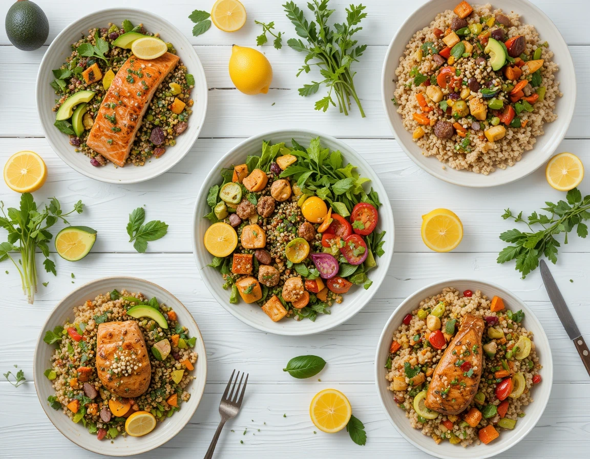 Balanced meals including grilled salmon, quinoa bowls, and chicken stir-fry for healthy eating.