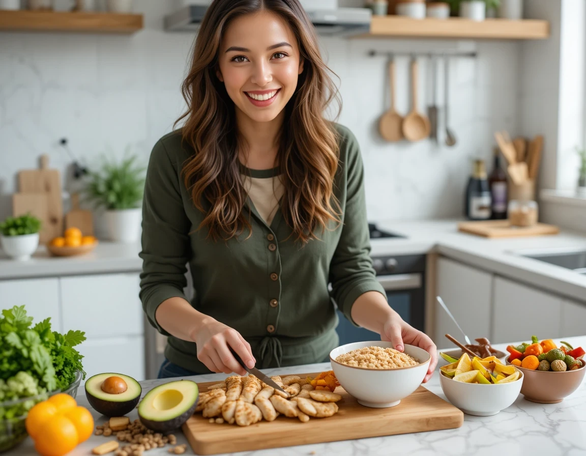 Happy home cook preparing balanced meals with fresh ingredients for healthy eating.