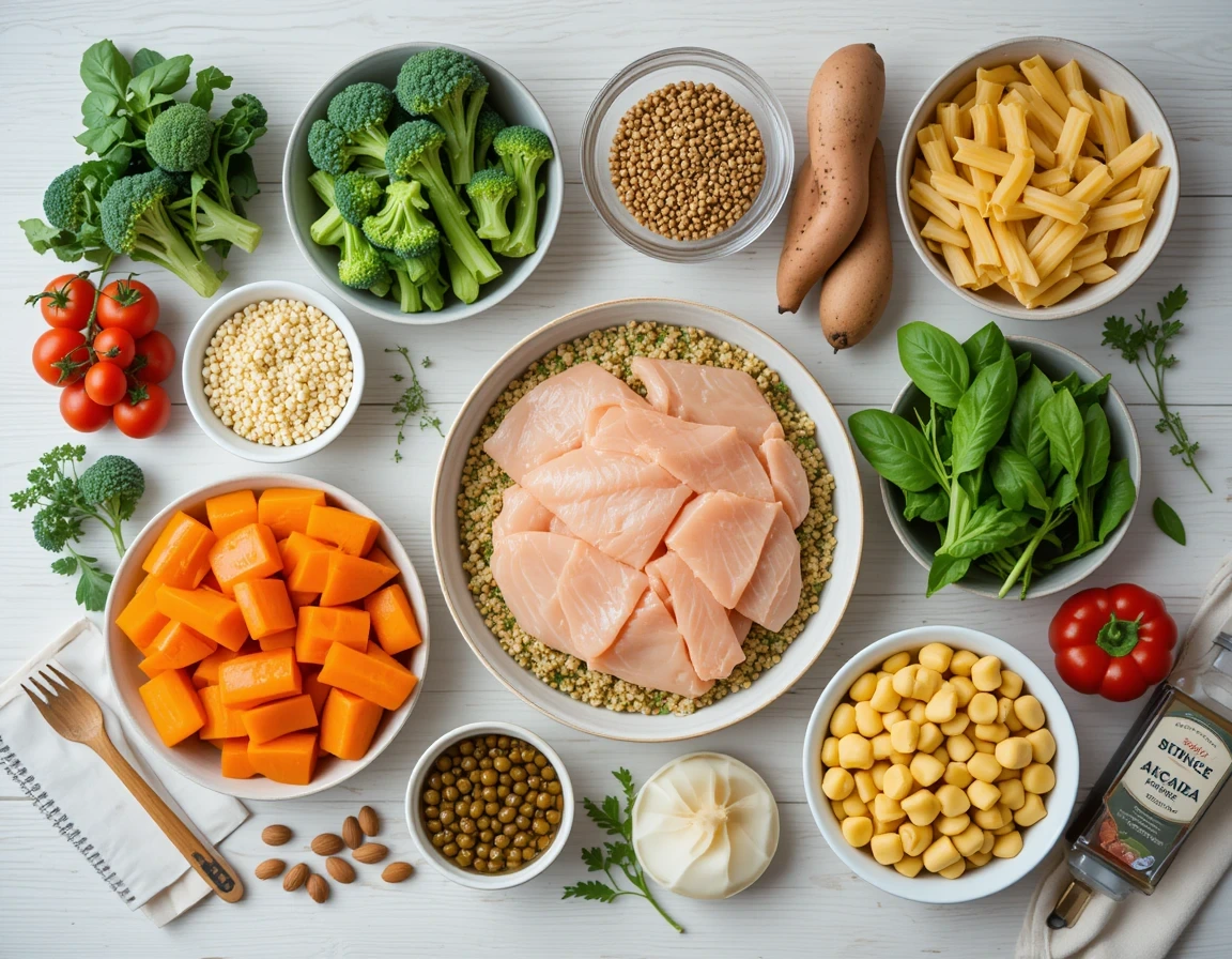 Fresh ingredients for balanced meals including chicken, quinoa, avocado, and colorful vegetables.