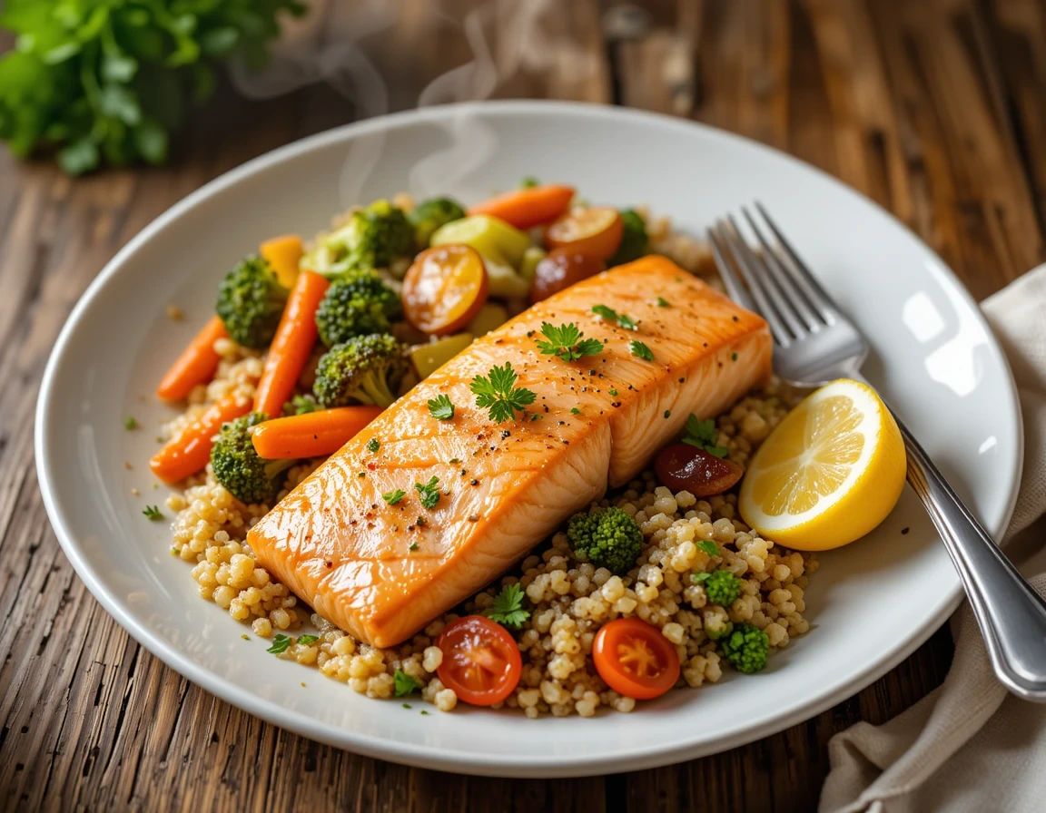 Perfectly cooked lemon garlic salmon with roasted vegetables and quinoa - a delicious example of balanced meals
