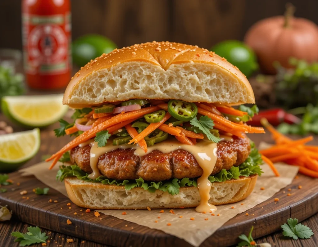 Banh Mi Smash Burgers with crispy pork patty, pickled carrots and daikon, fresh cilantro, and spicy sriracha mayo on toasted brioche bun