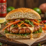 Banh Mi Smash Burgers with crispy pork patty, pickled carrots and daikon, fresh cilantro, and spicy sriracha mayo on toasted brioche bun