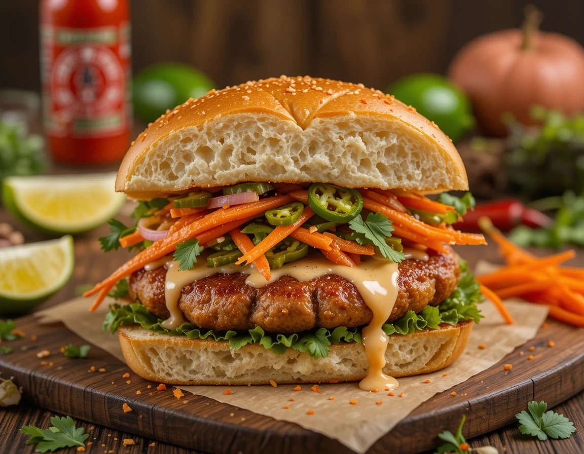 Banh Mi Smash Burgers with crispy pork patty, pickled carrots and daikon, fresh cilantro, and spicy sriracha mayo on toasted brioche bun