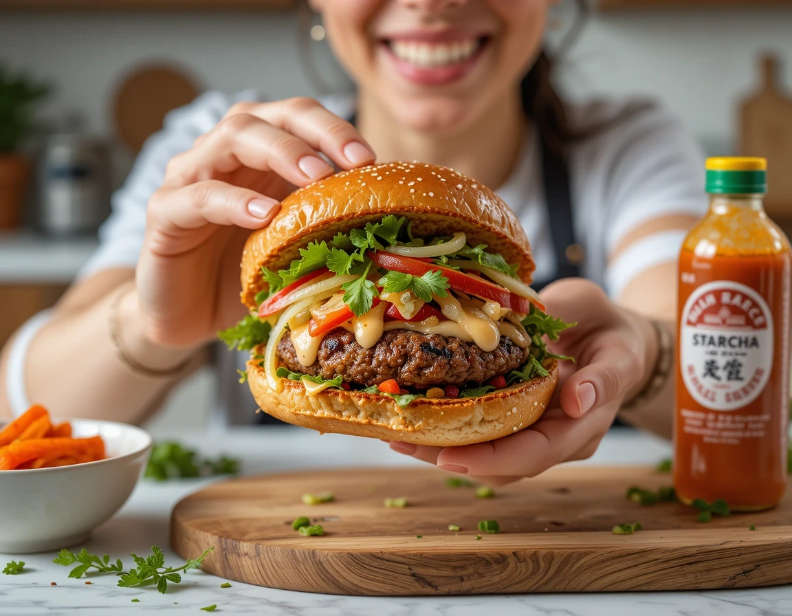 Person enjoying a Banh Mi Smash Burger with crispy pork, pickled vegetables, and spicy mayo—easy homemade fusion recipe.