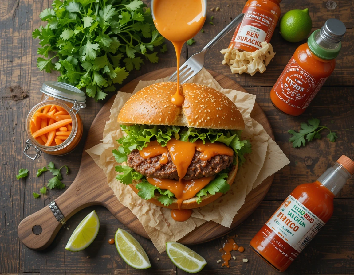 Banh Mi Smash Burger with juicy pork patty, pickled vegetables and spicy mayo on wooden table - easy fusion recipe