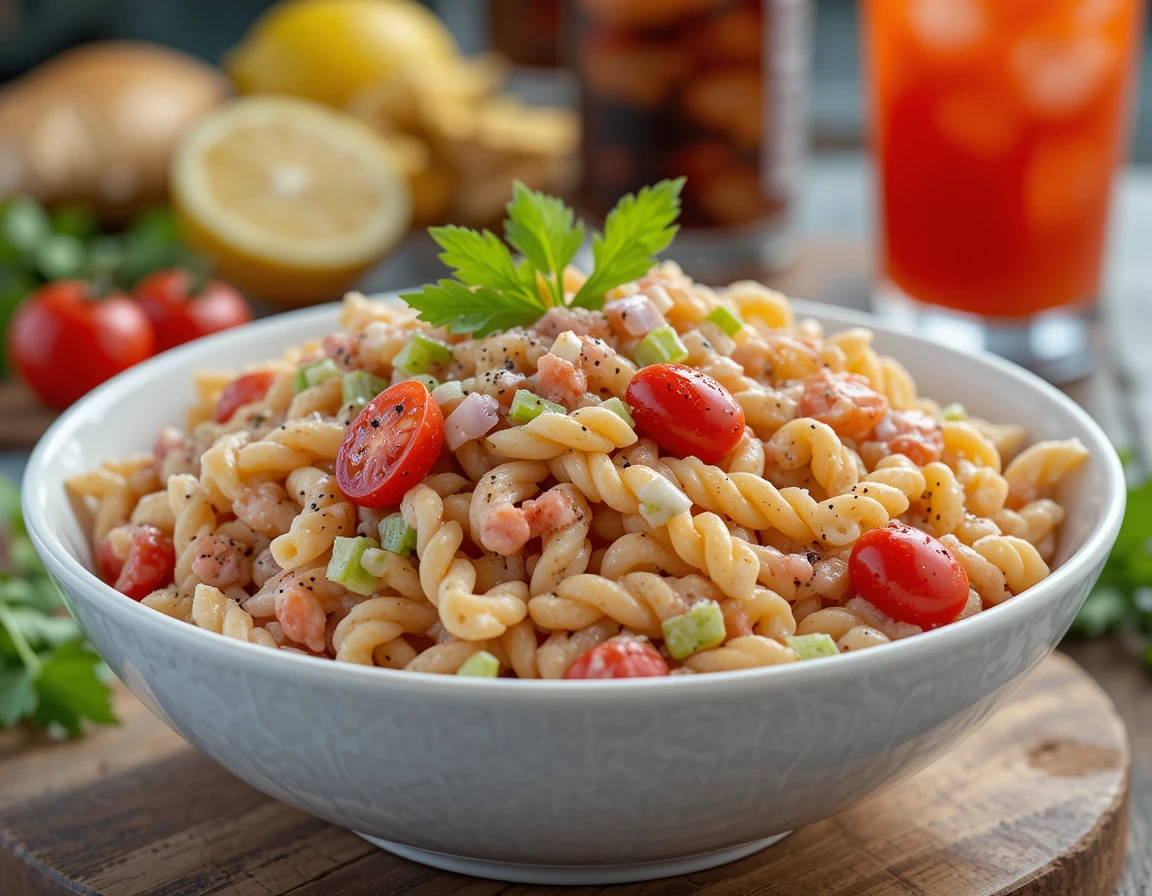 Bloody Mary Pasta Salad 5 served in a bowl - a zesty pasta salad with tomatoes, celery and spicy dressing inspired by the classic cocktail