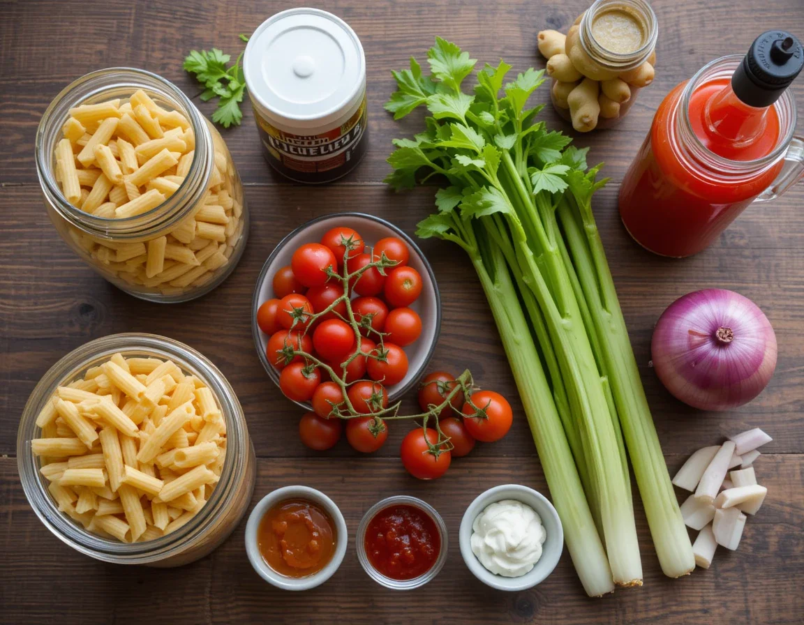 Ingredients for Bloody Mary Pasta Salad 5 including pasta, tomatoes, celery, horseradish, and spices arranged for cooking