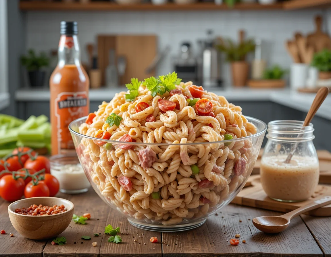 Bloody Mary Pasta Salad 5 serving bowl surrounded by cooking tips: fresh ingredients, add-ins, and pairing suggestions