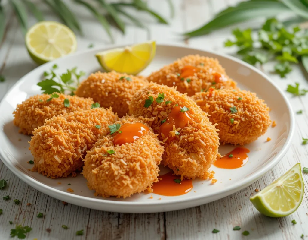 Golden crispy coconut chicken with crunchy coconut-panko crust, drizzled with sweet chili sauce and fresh lime garnish on a rustic wooden table