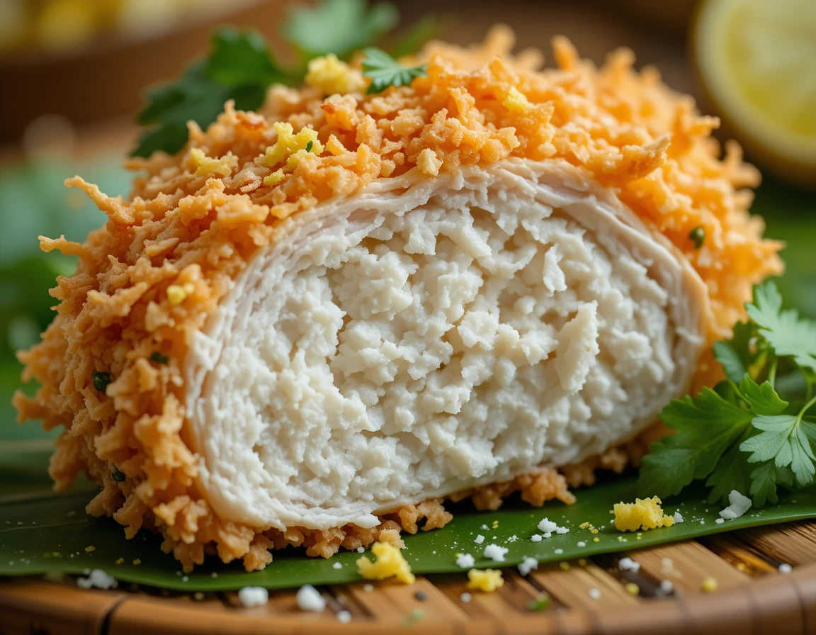Raw ingredients for crispy coconut chicken: chicken breasts, shredded coconut, panko, eggs, flour, and spices arranged on a wooden table.