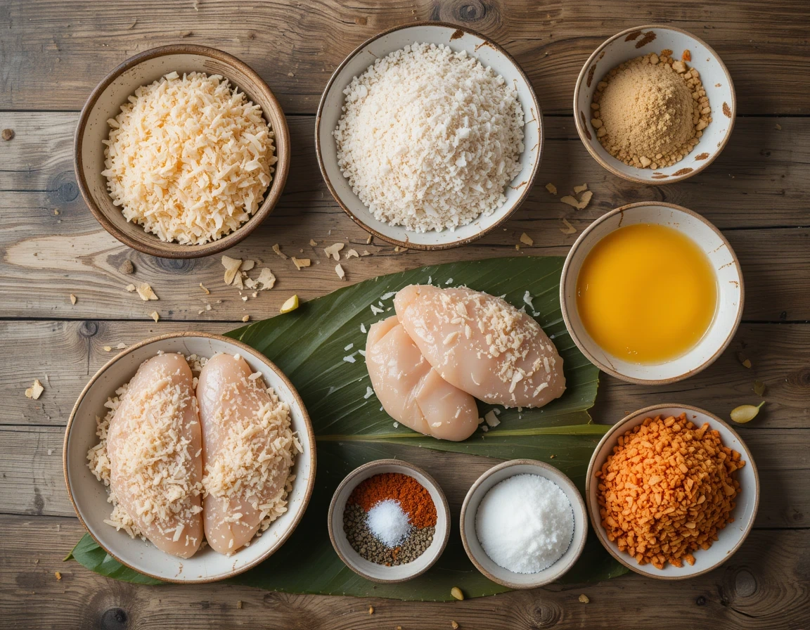 Raw ingredients for crispy coconut chicken: chicken breasts, shredded coconut, panko, eggs, flour, and spices arranged on a wooden table