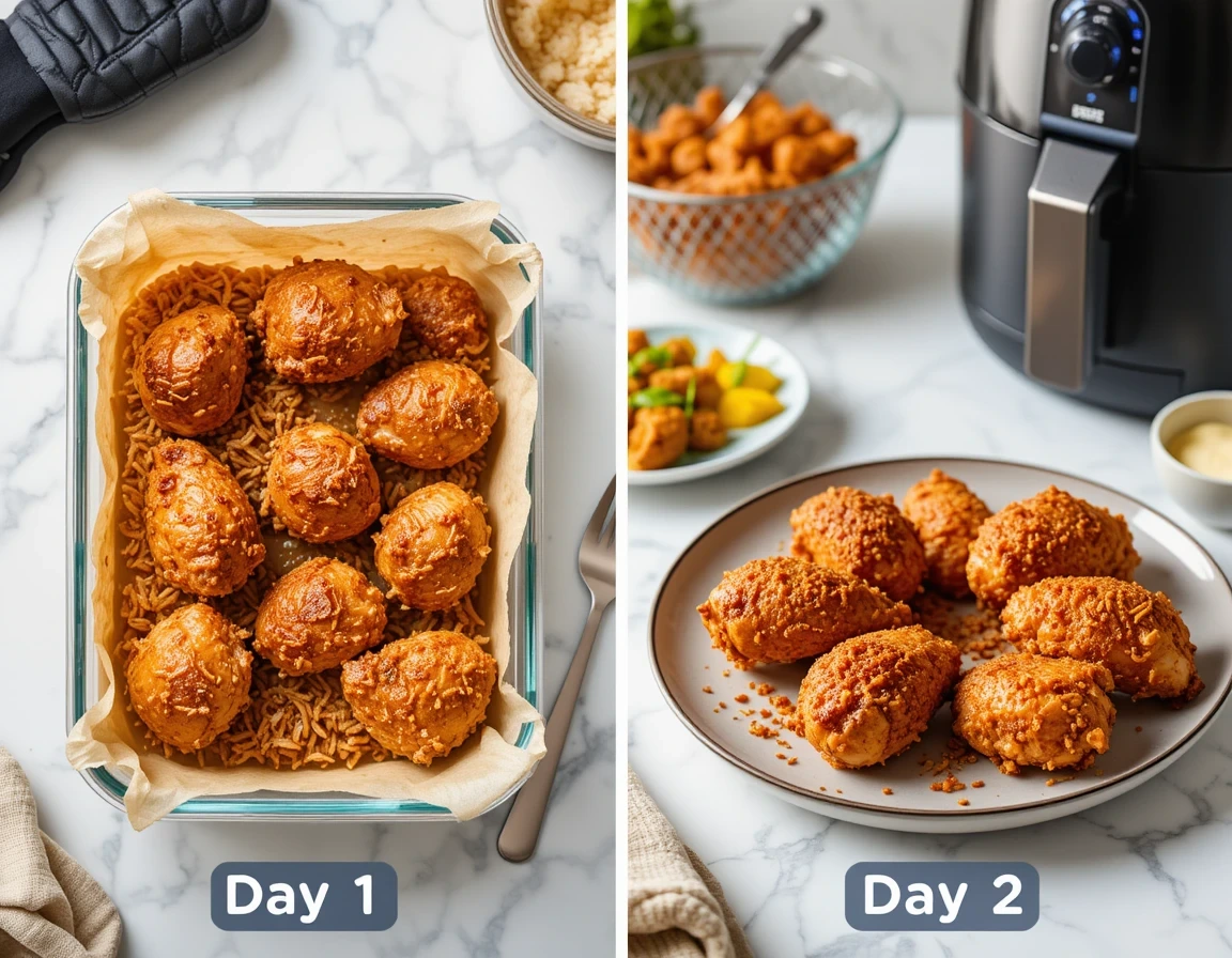 Meal prep containers showing crispy coconut chicken stored properly (left) and reheated to perfection in an air fryer