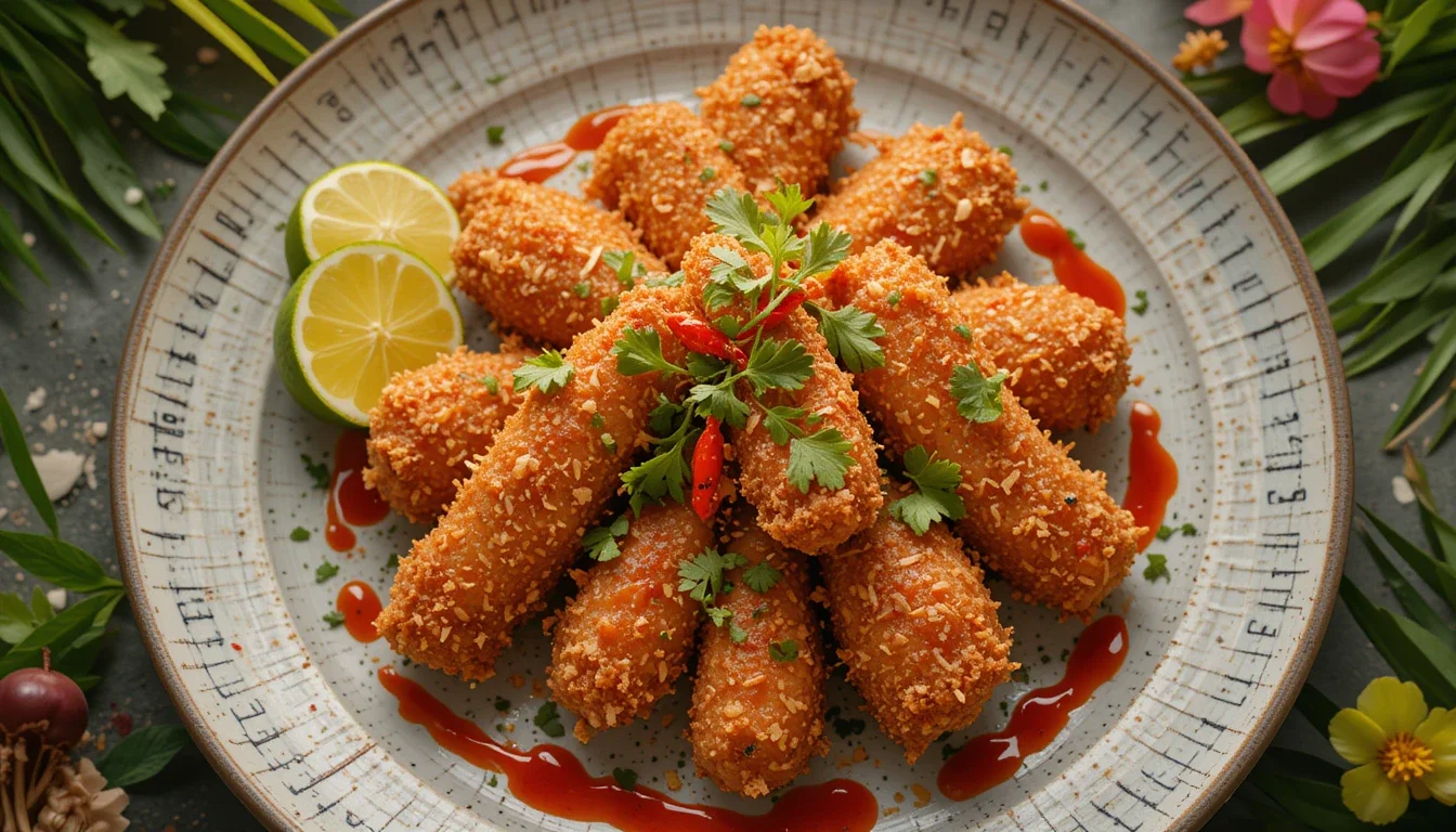 Golden crispy coconut chicken plated with lime wedges and cilantro, ready to serve as the ultimate tropical-inspired meal.