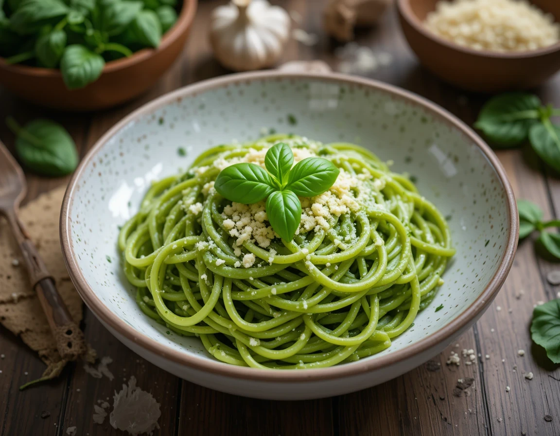 Creamy Green Spaghetti with fresh herbs and Parmesan cheese