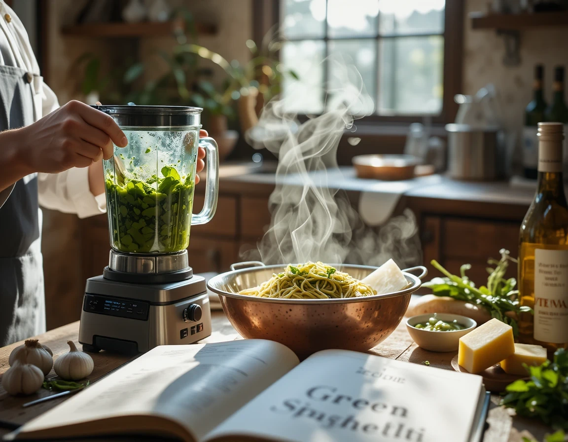 "Chef preparing fresh Green Spaghetti sauce with spinach and basil in a modern kitchen