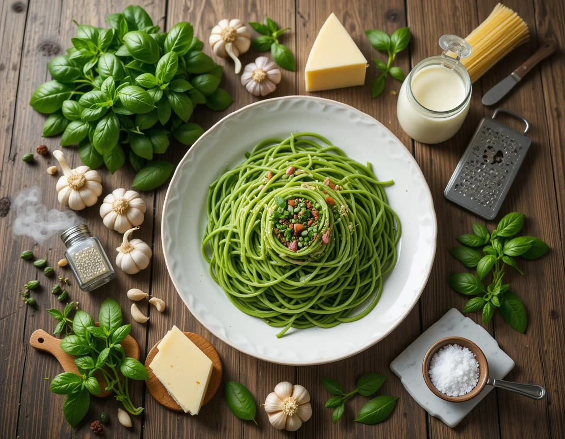 Key ingredients for Green Spaghetti: fresh spinach, basil, garlic, Parmesan cheese, spaghetti, and cream arranged on a rustic table
