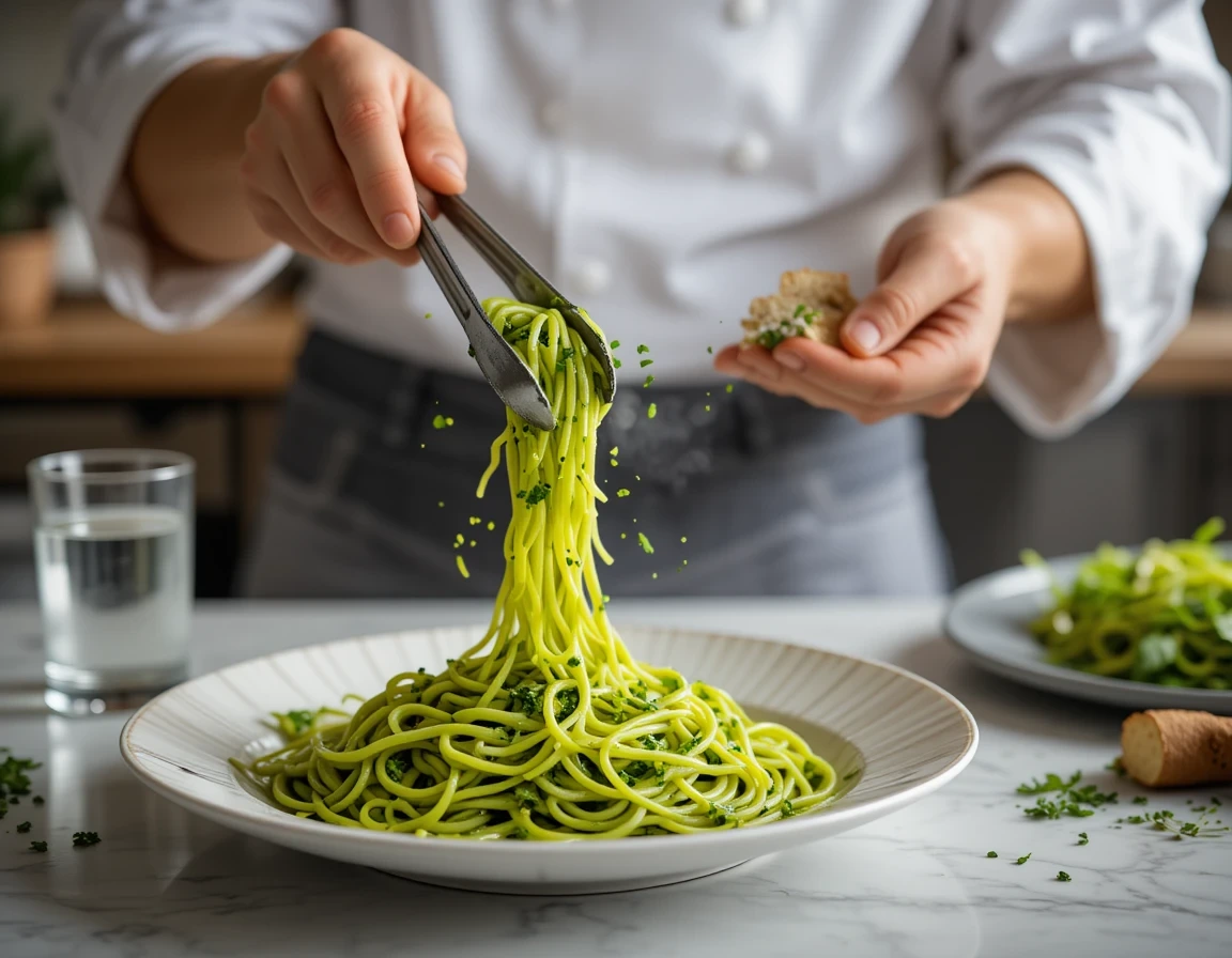 Chef's hands demonstrating professional techniques for perfect Green Spaghetti preparation with fresh herbs and pasta water