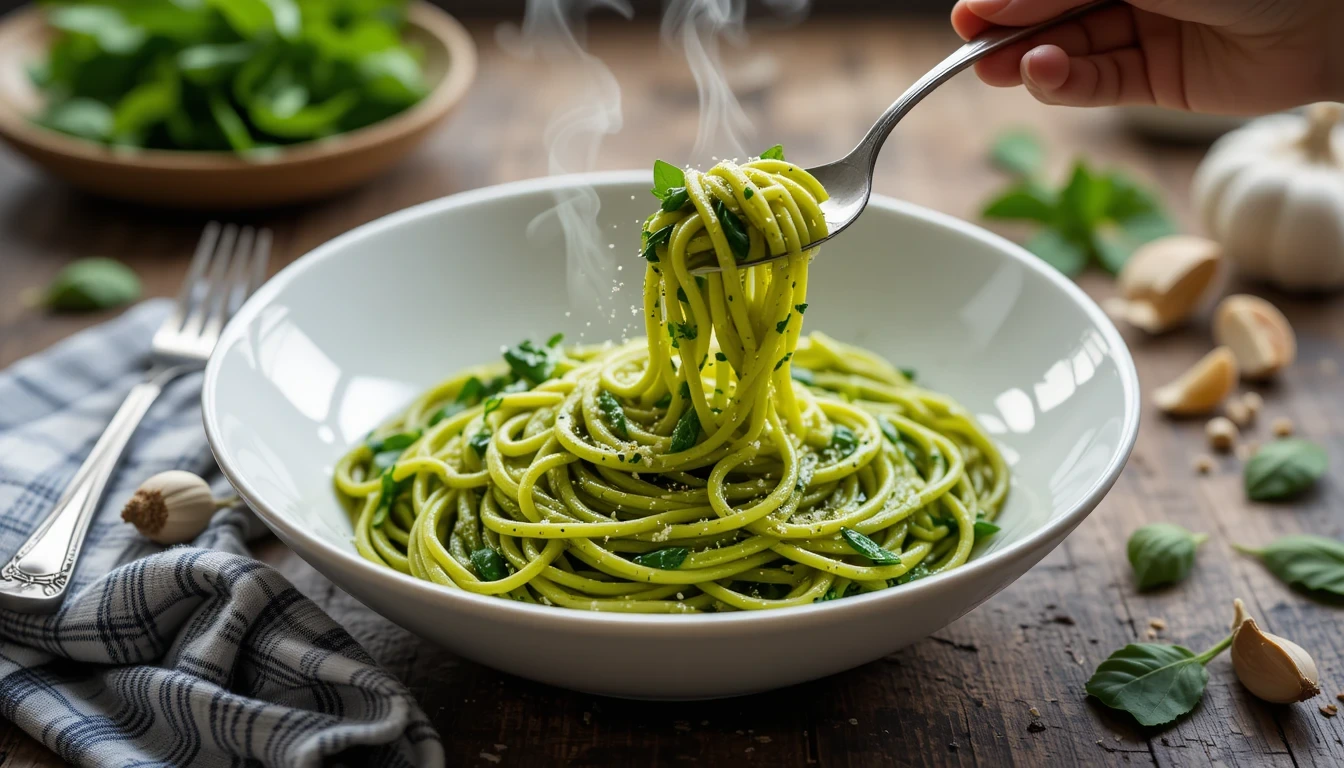 Creamy Green Spaghetti in a white bowl, topped with fresh basil and Parmesan cheese, served on a rustic table.
