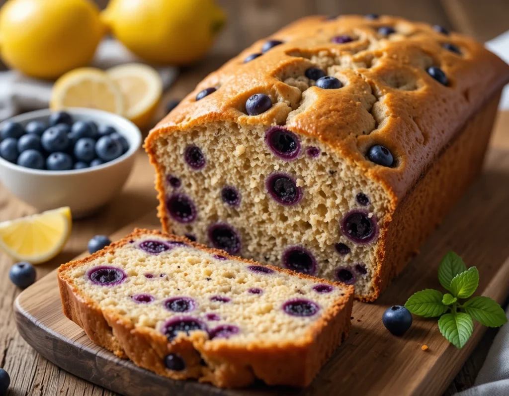 Moist Lemon-Blueberry Banana Bread with fresh blueberries and lemon zest on a wooden board