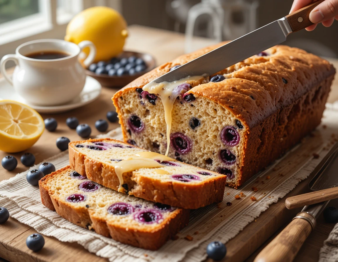 Warm slice of homemade Lemon-Blueberry Banana Bread with dripping glaze, fresh blueberries and lemon on rustic wood table