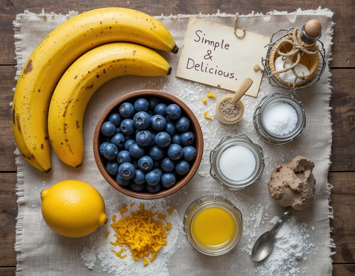 Fresh baking ingredients including bananas, blueberries, and lemon arranged for homemade bread recipe