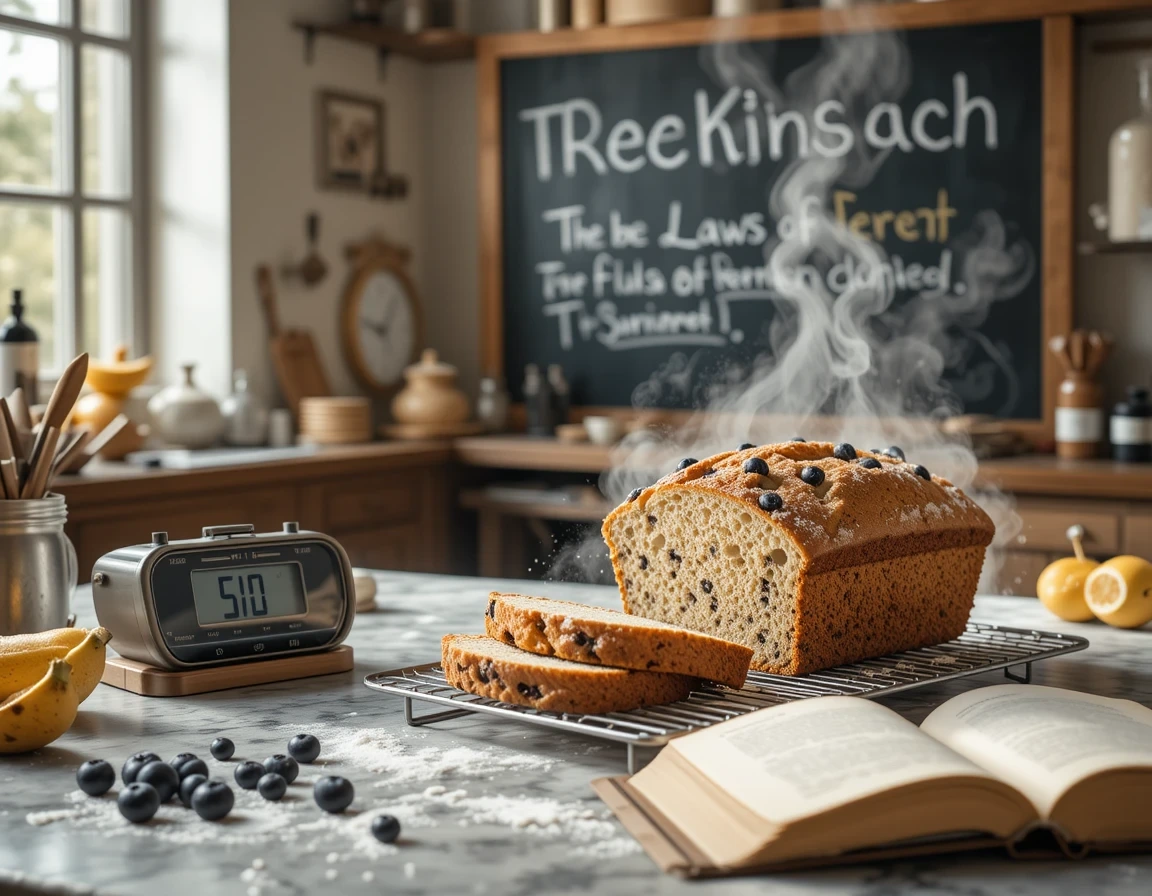 Professional baking tips for perfect banana bread - ripe bananas, flour-coated blueberries, proper mixing techniques