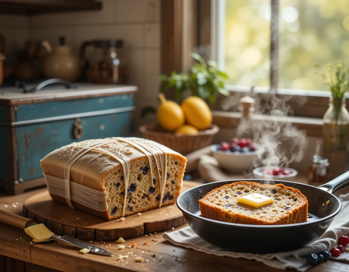 Proper storage and reheating methods for lemon-blueberry banana bread - wrapped loaf, glass container, toasting slice