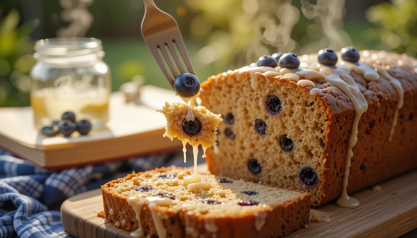 Ultimate lemon-blueberry banana bread with glaze drip, fresh berries and iced tea - perfect summer baking achievement