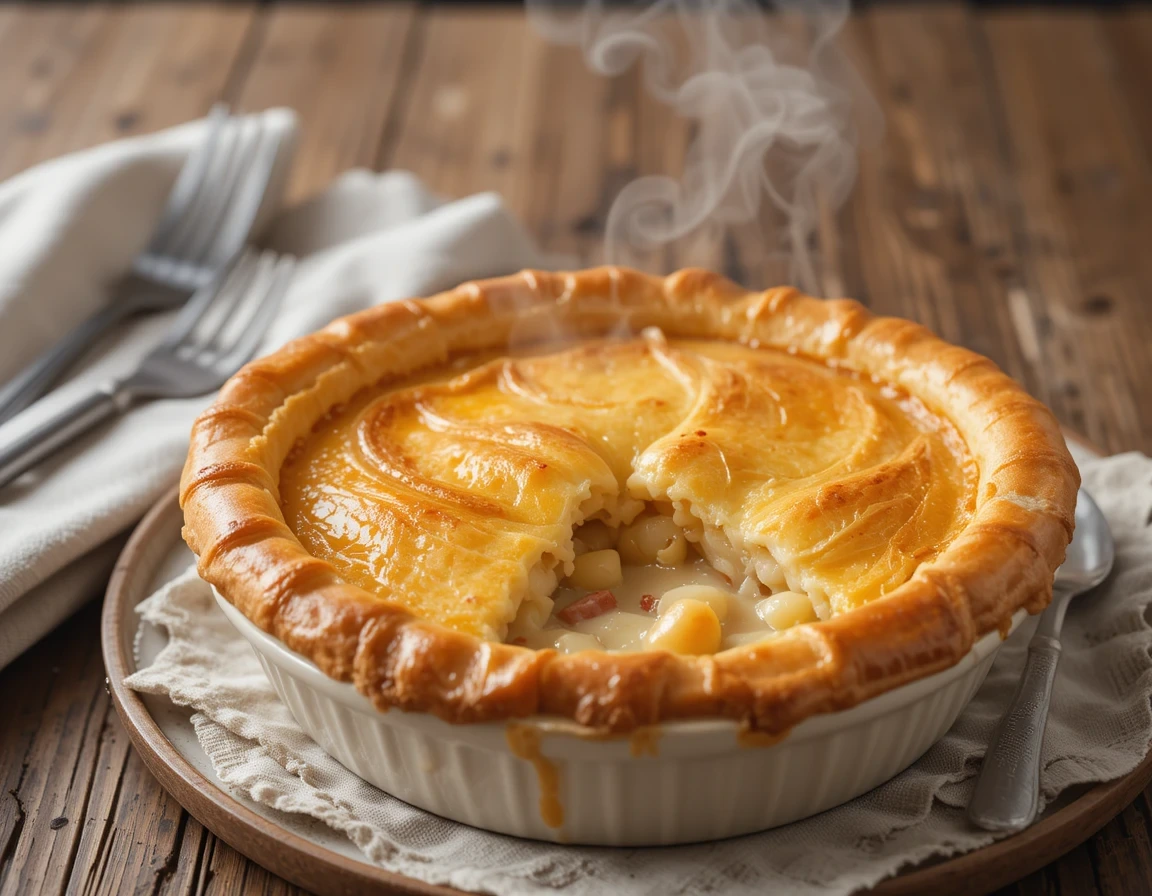 Golden brown Chicken Pot Pie with flaky crust and creamy chicken vegetable filling, baked to perfection in a ceramic dish.