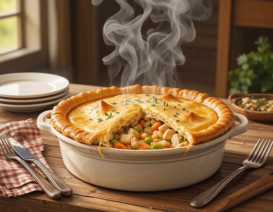 Classic Chicken Pot Pie with flaky crust and creamy chicken vegetable filling, baked in a ceramic dish
