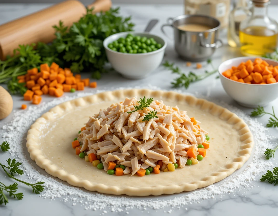Fresh ingredients for homemade Chicken Pot Pie including dough, chicken, vegetables and herbs arranged for preparation.