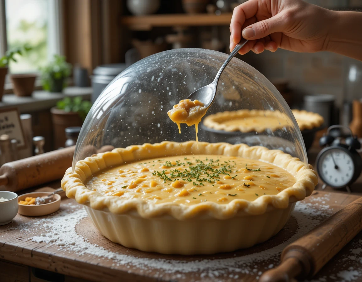 Professional techniques for perfect Chicken Pot Pie: crimping crust, testing filling, using pie shield, and garnishing.