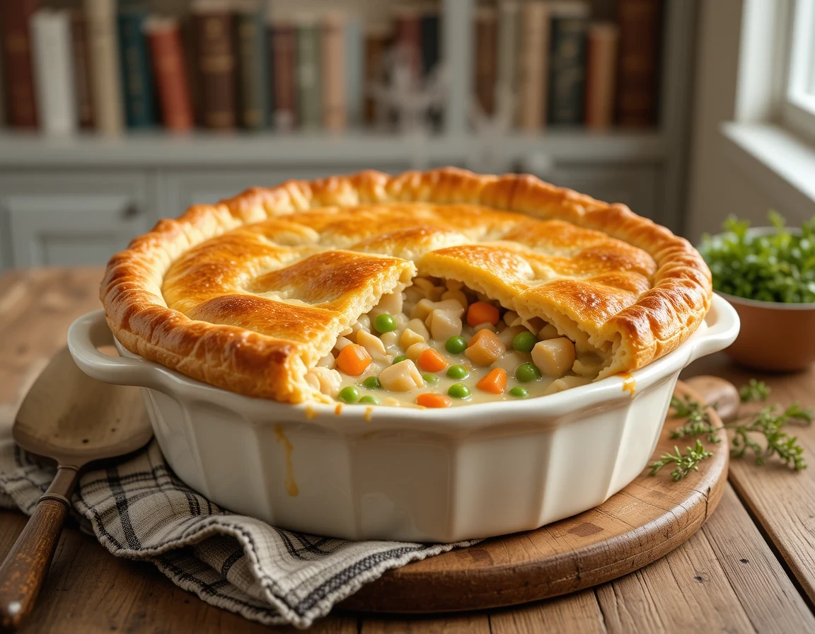 Perfectly baked Chicken Pot Pie with golden flaky crust and creamy chicken vegetable filling, served in a ceramic dish