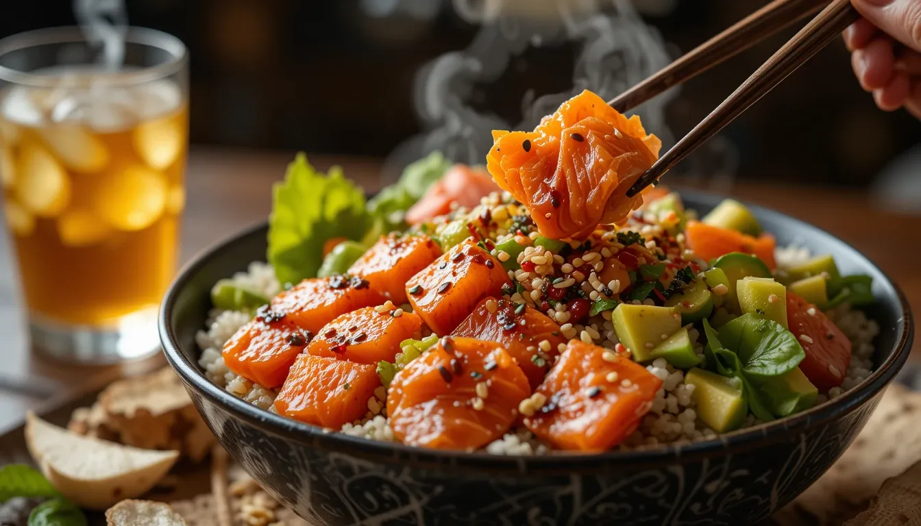 Perfect Salmon Poke Bowl final presentation - glistening marinated salmon, avocado, spicy mayo drizzle over rice with chopsticks ready to eat