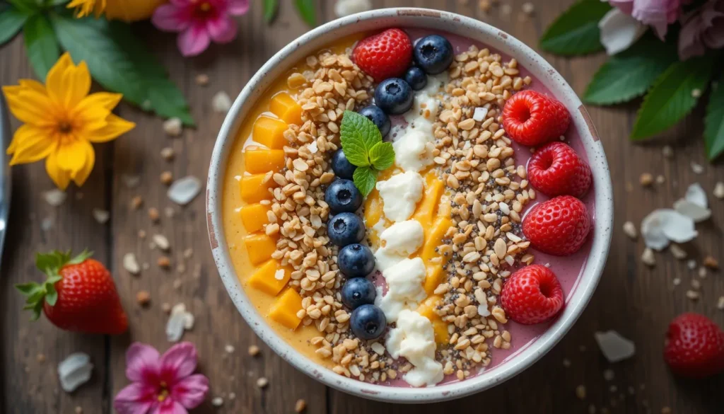 Tropical Smoothie Bowl with mango, banana, berries, and granola – a healthy, energizing breakfast recipe.