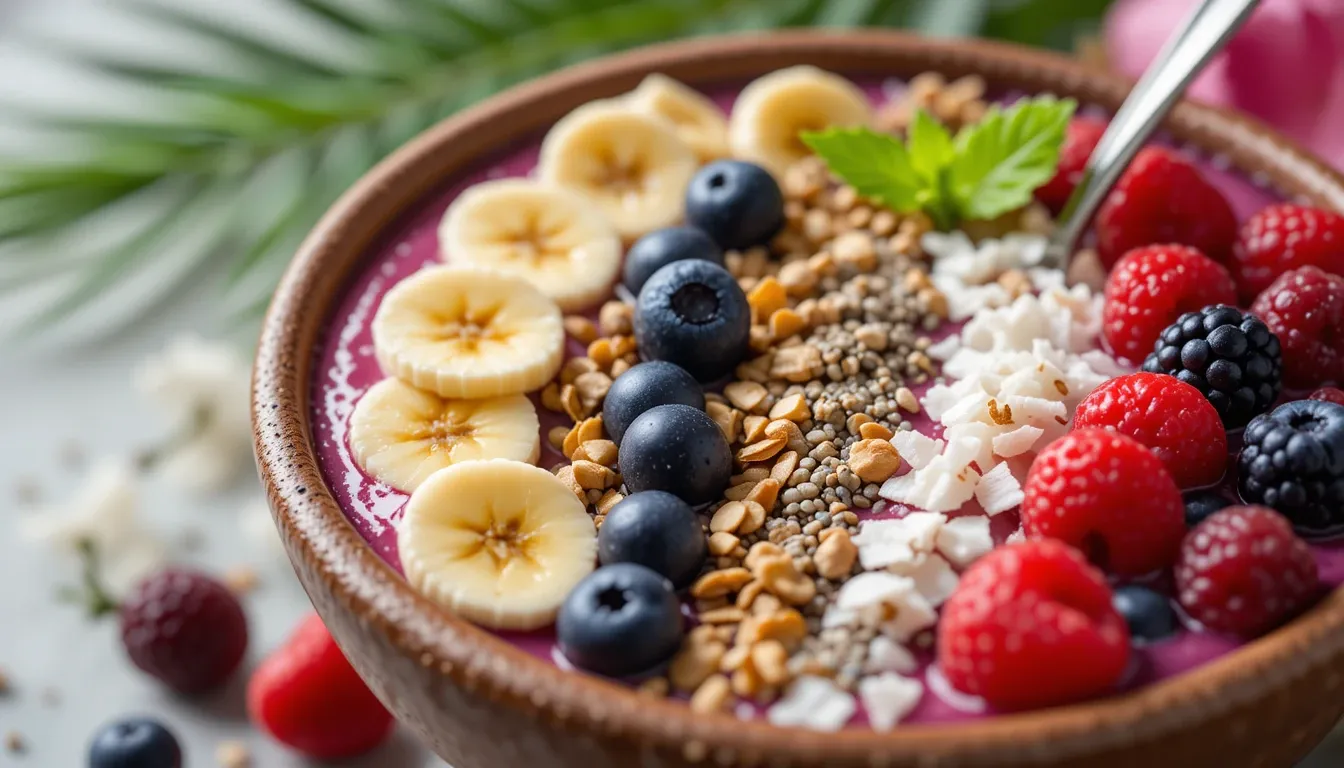 Tropical Smoothie Bowl with fresh fruit and toppings – a thick, spoonable smoothie for a healthy breakfast