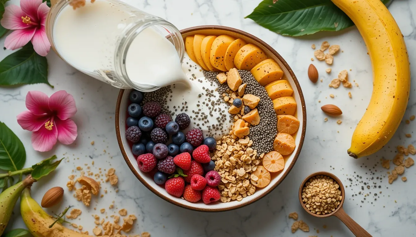 Fresh ingredients for Tropical Smoothie Bowls arranged beautifully: mango, banana, coconut milk, chia seeds, berries, granola and almond butter.