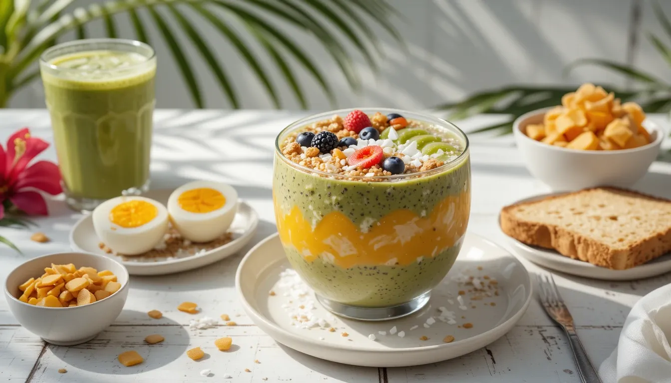 ropical Smoothie Bowl served with iced matcha latte, hard-boiled eggs, and toasted coconut chips – perfect breakfast pairings.