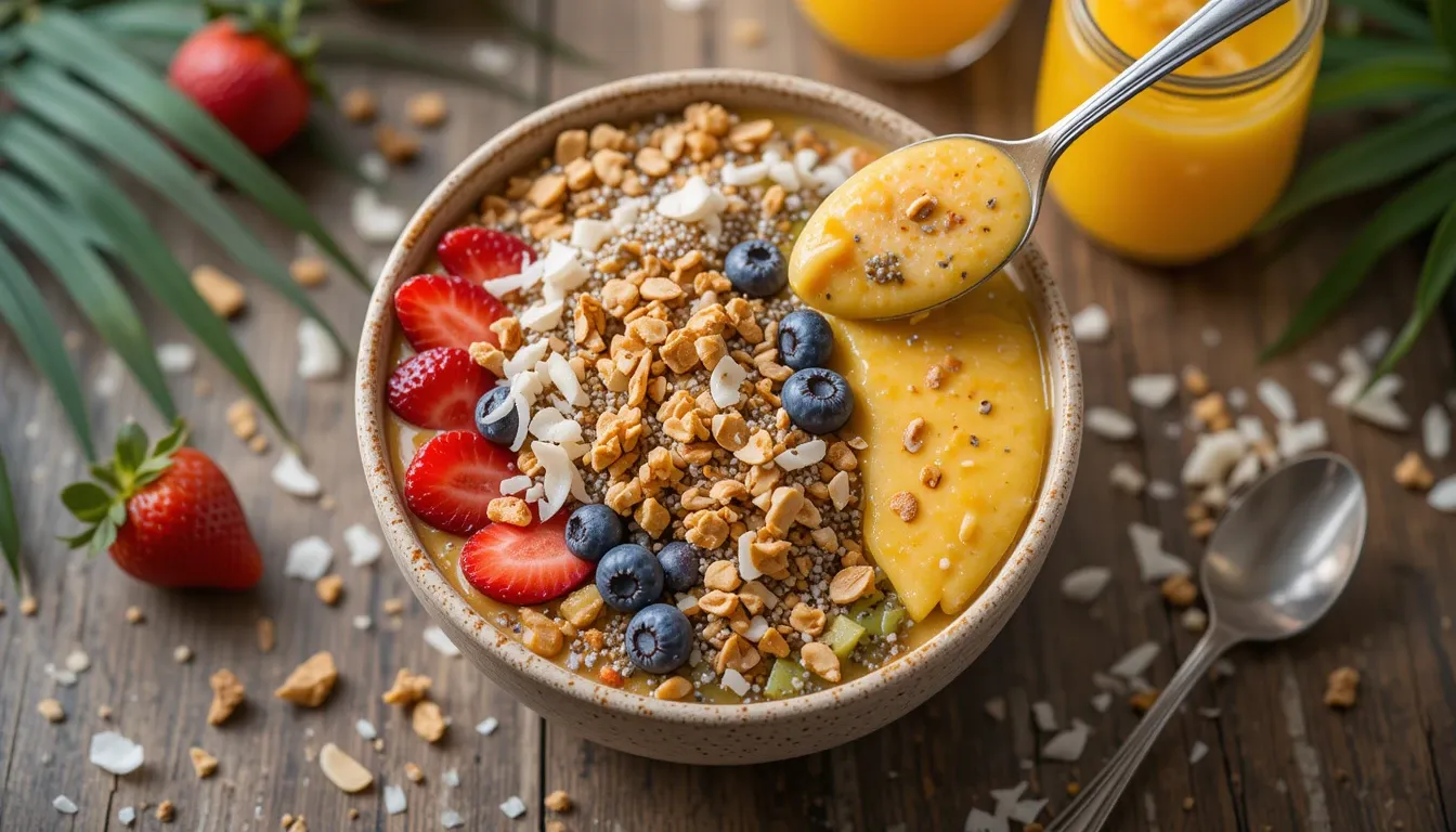 Finished Tropical Smoothie Bowl with mango, banana, berries, granola, and almond butter drizzle – the ultimate healthy breakfast recipe.