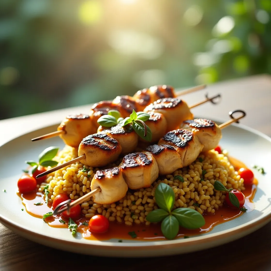 Grilled chicken skewers served over lemon herb rice with roasted vegetables and fresh herbs on a ceramic plate in natural light.