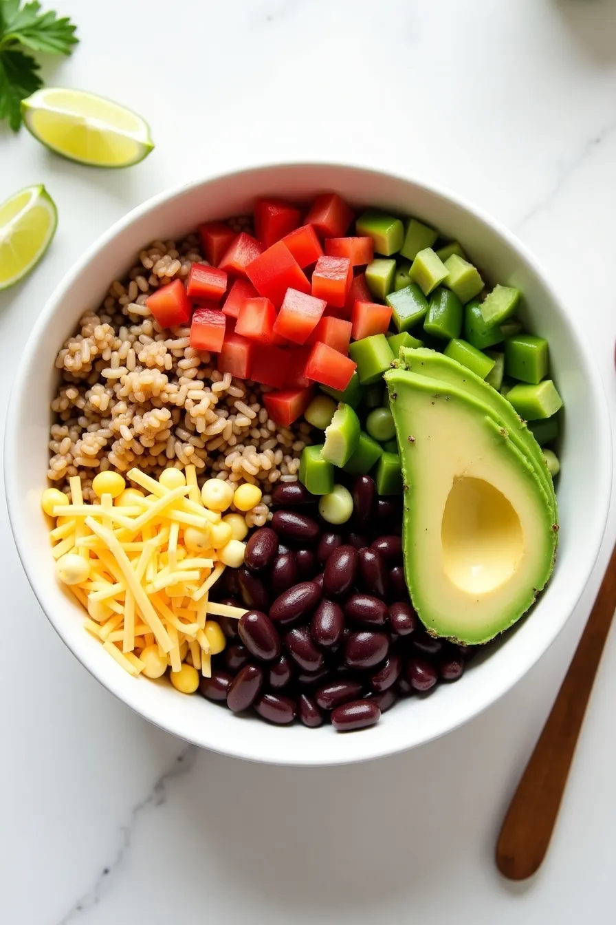 Black Bean Taco Bowl with rice, beans, avocado, and fresh toppings
