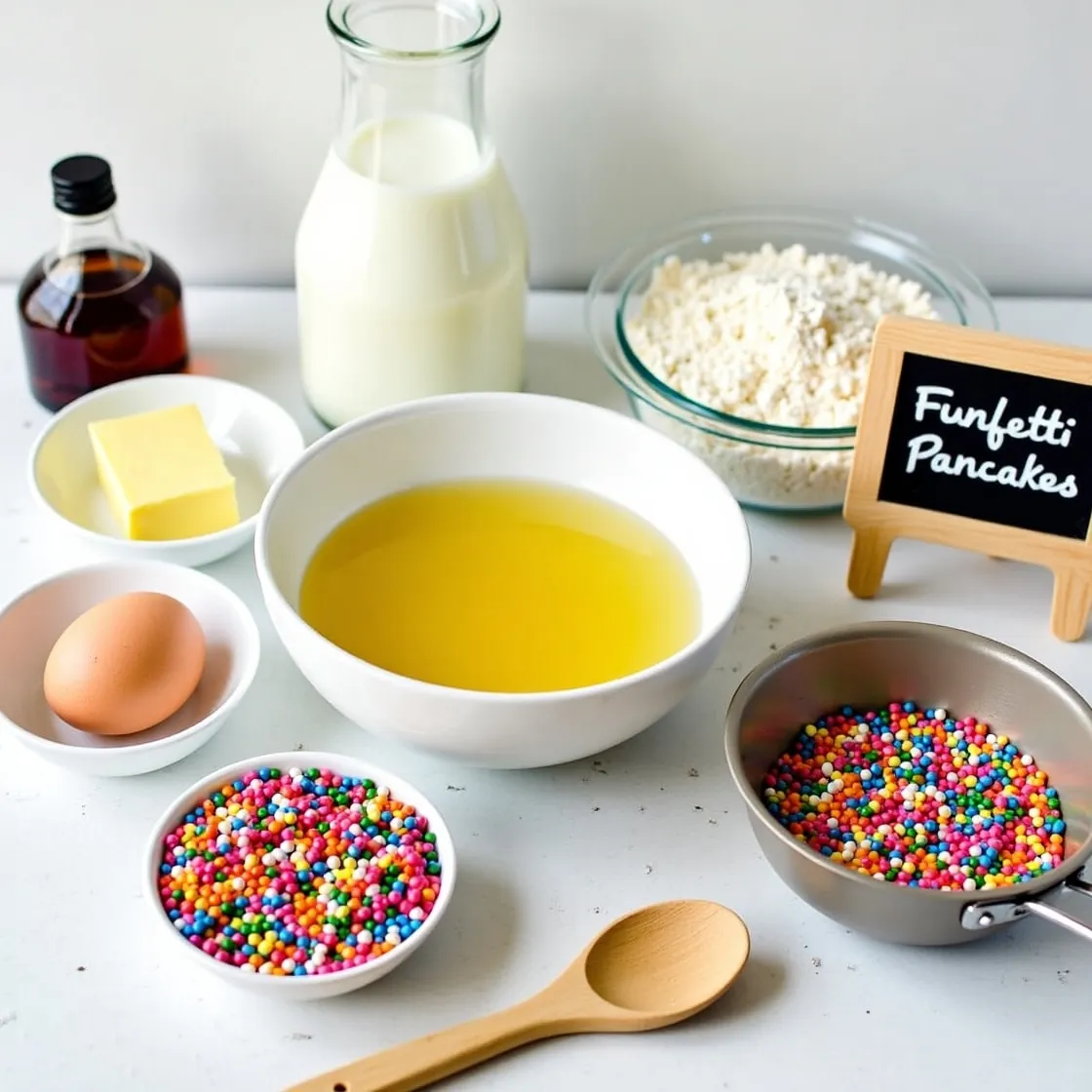 Rustic kitchen table with ingredients for Funfetti Pancakes: milk, flour, egg, vanilla, butter, and rainbow sprinkles arranged with a wooden spoon.